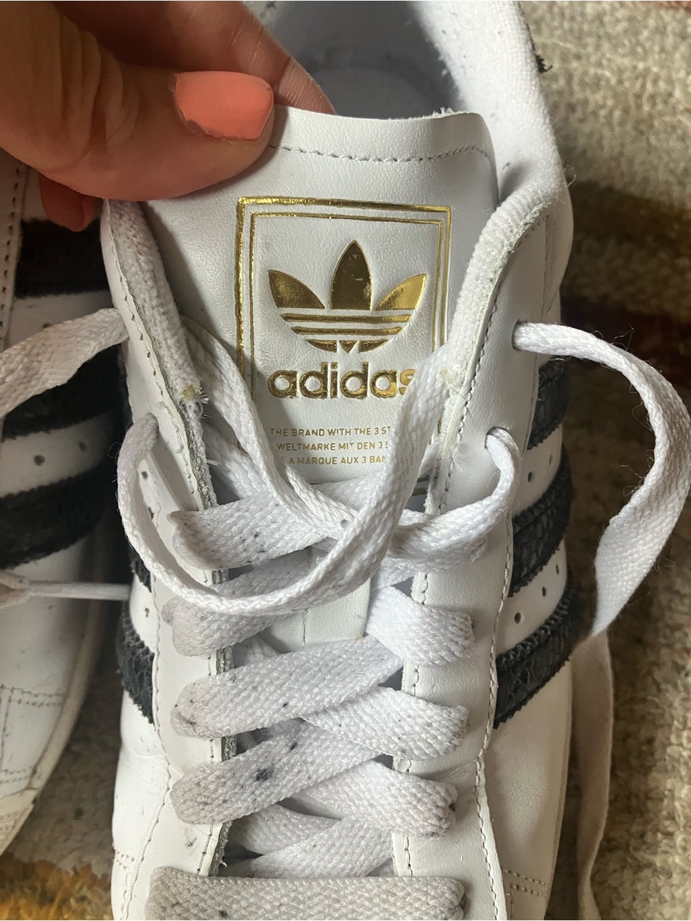 adidas Kids White Sneakers with Black Stripes and Gold Logo